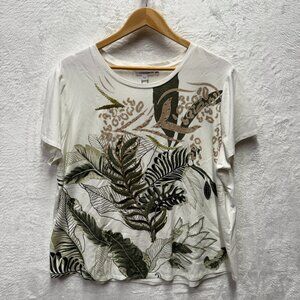 Chico's Zenergy Tee Shirt Womens XL Olive UPF Embroidered Leaves Jungle Cotton